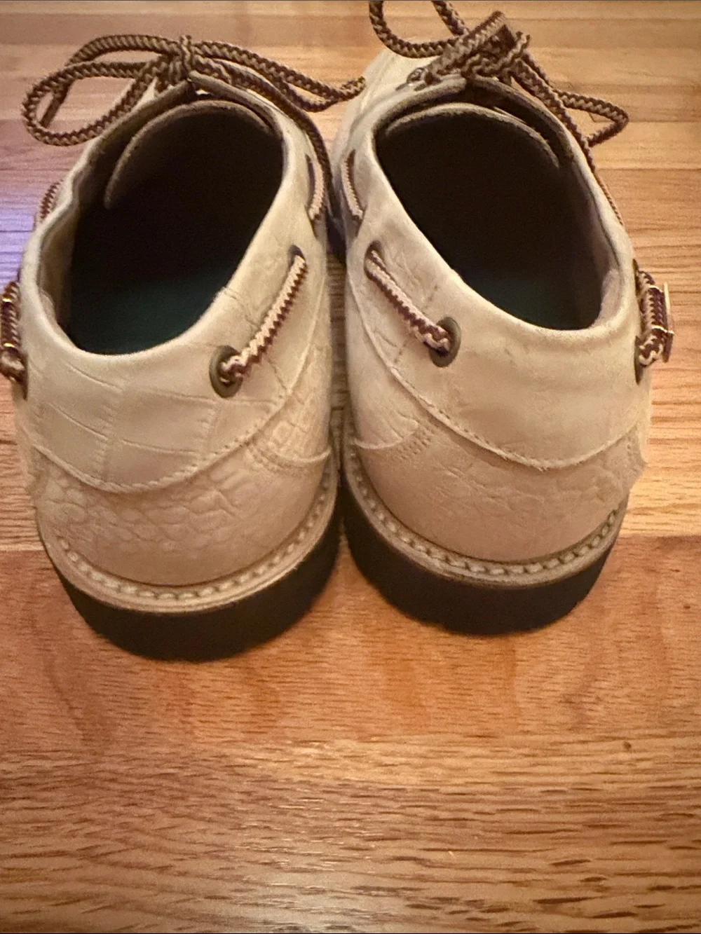 Aime Leon Dore Beige Croc-Embossed Boat Shoes with Brown Braided Laces